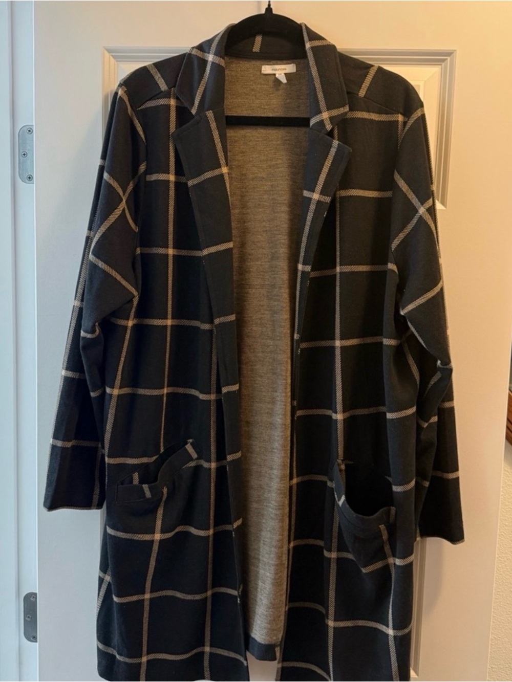 Windowpane Plaid Open Cardigan - Black and Cream